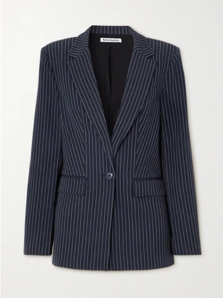 Reformation Navy Pinstripe Single-Button Blazer